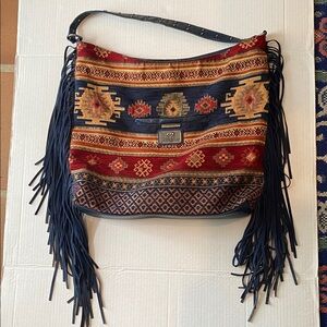 Sharif Tapestry Shoulder Bag with leather fringes